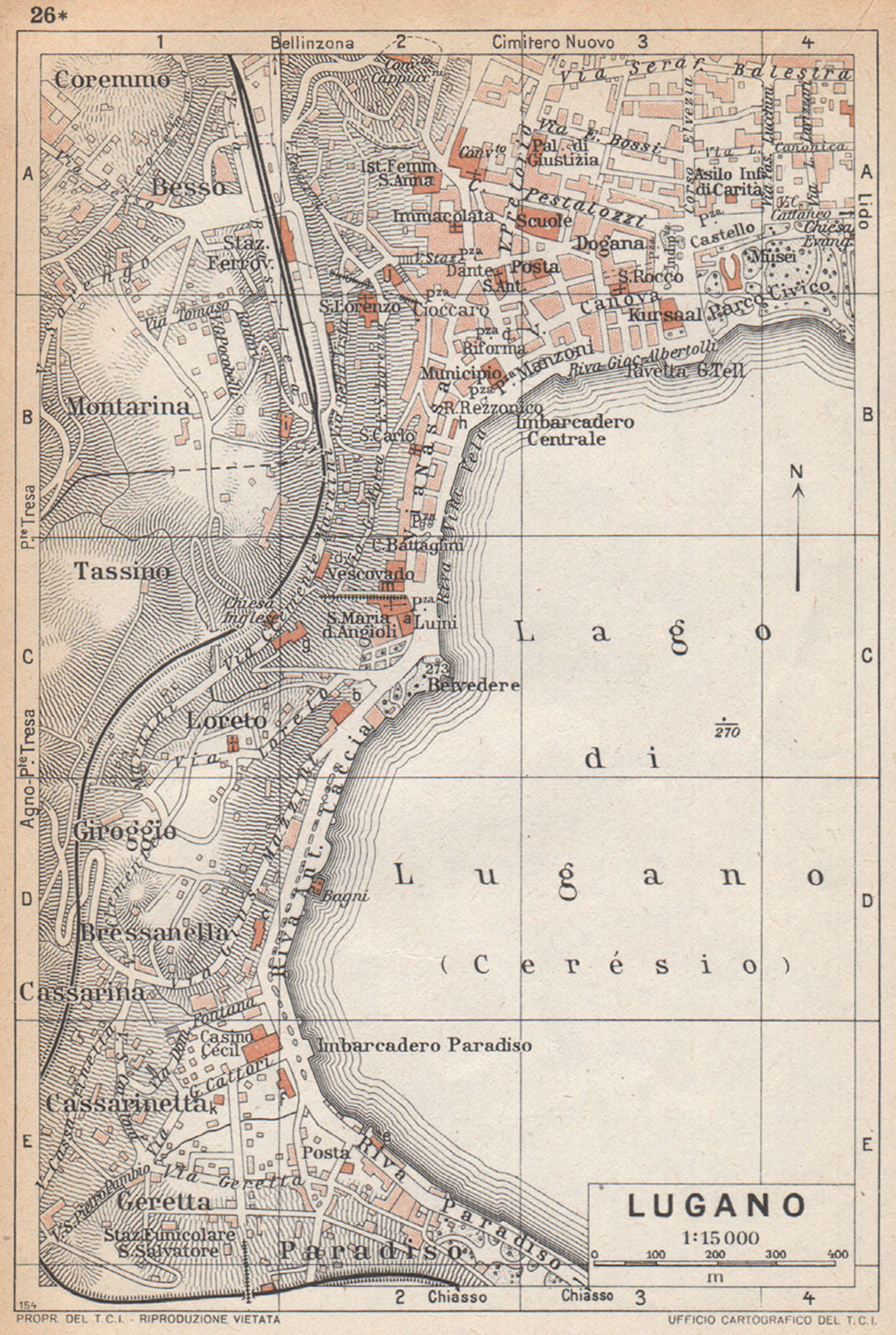 LUGANO vintage town city map plan pianta della città. Switzerland 1958 old